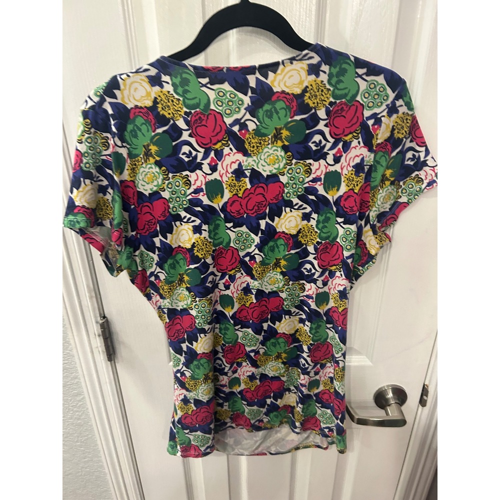 Boden Faux Wrap Top Multicolor Floral Print Short Sleeve V-Neck Blouse US 14